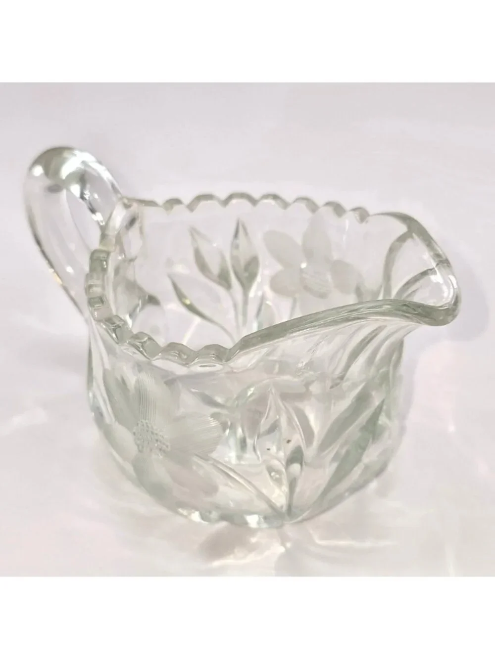 Vintage Glass Creamer & Sugar Bowl Set With Floral Etching Star Base VL5076